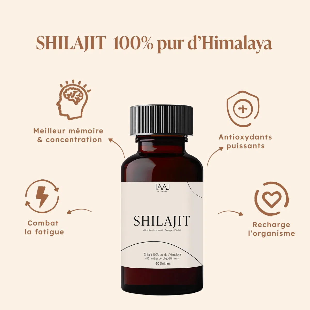 TAAJ | Shilajit en gélules | Pur de l'Himalaya, 100% naturel | 70% d'acides fulviques | + 85 minéraux et oligo-éléments | Antioxydant | Réduit stress & fatigue | Cure de 30 jours | 60 gélules