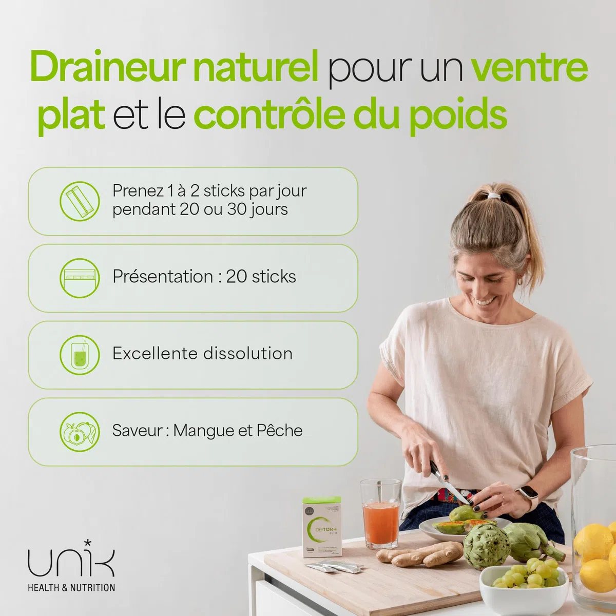 Detox Foie et Colon Puissant et Rapide avec Chardon Marie + Artichaut + Cactinéa + Raisin + Gingembre – Complément Détox Foie & Bien-être Global Cure Detox - 20 Sticks Goût Mangue | UNIK