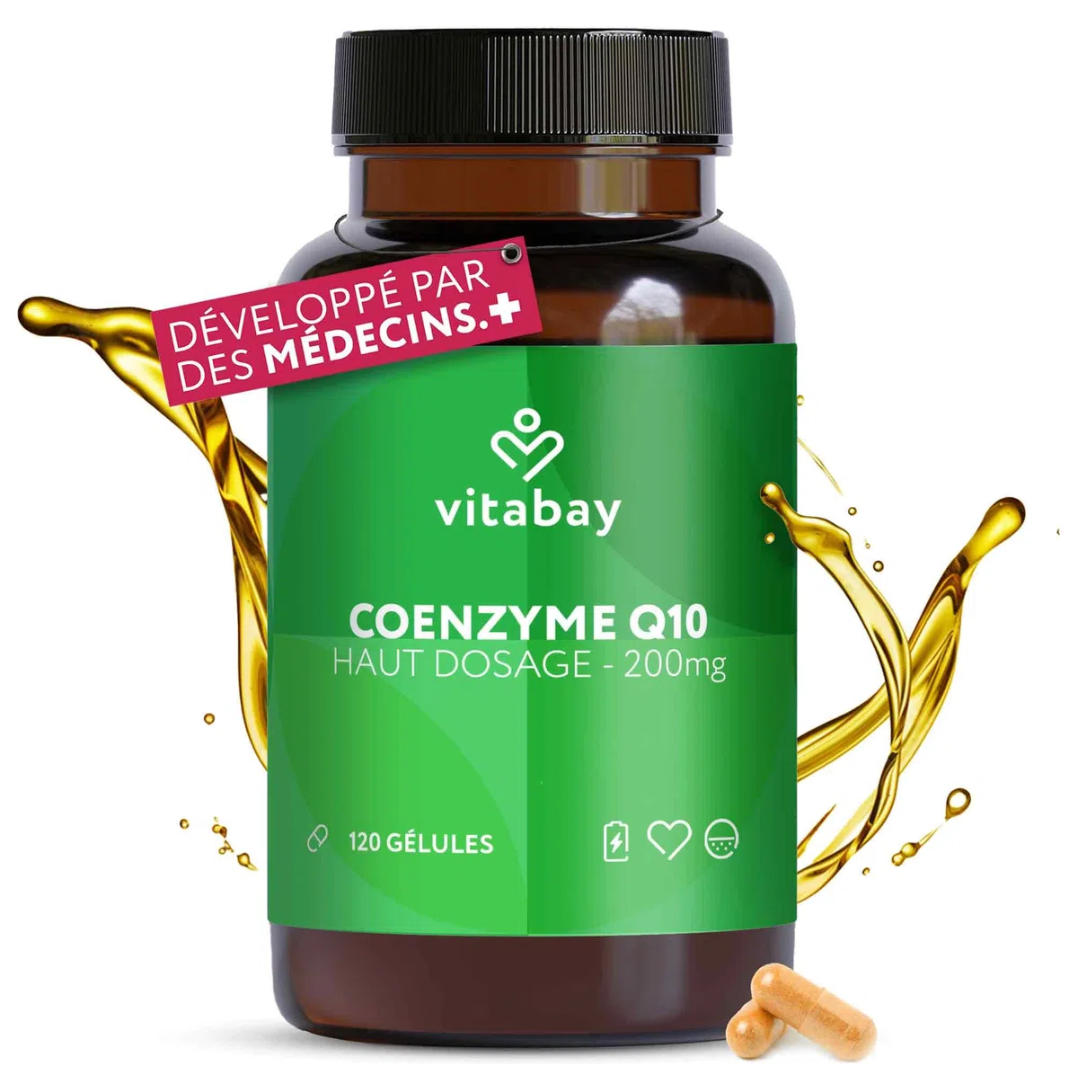 Vitabay Coenzyme Q10 Ubiquinone 200 mg – 120 capsules végétales – CoQ10 hautement dosé – Q10 naturel issu de fermentation végétale – sans additifs & 100% vegan – testé en laboratoire en Allemagne