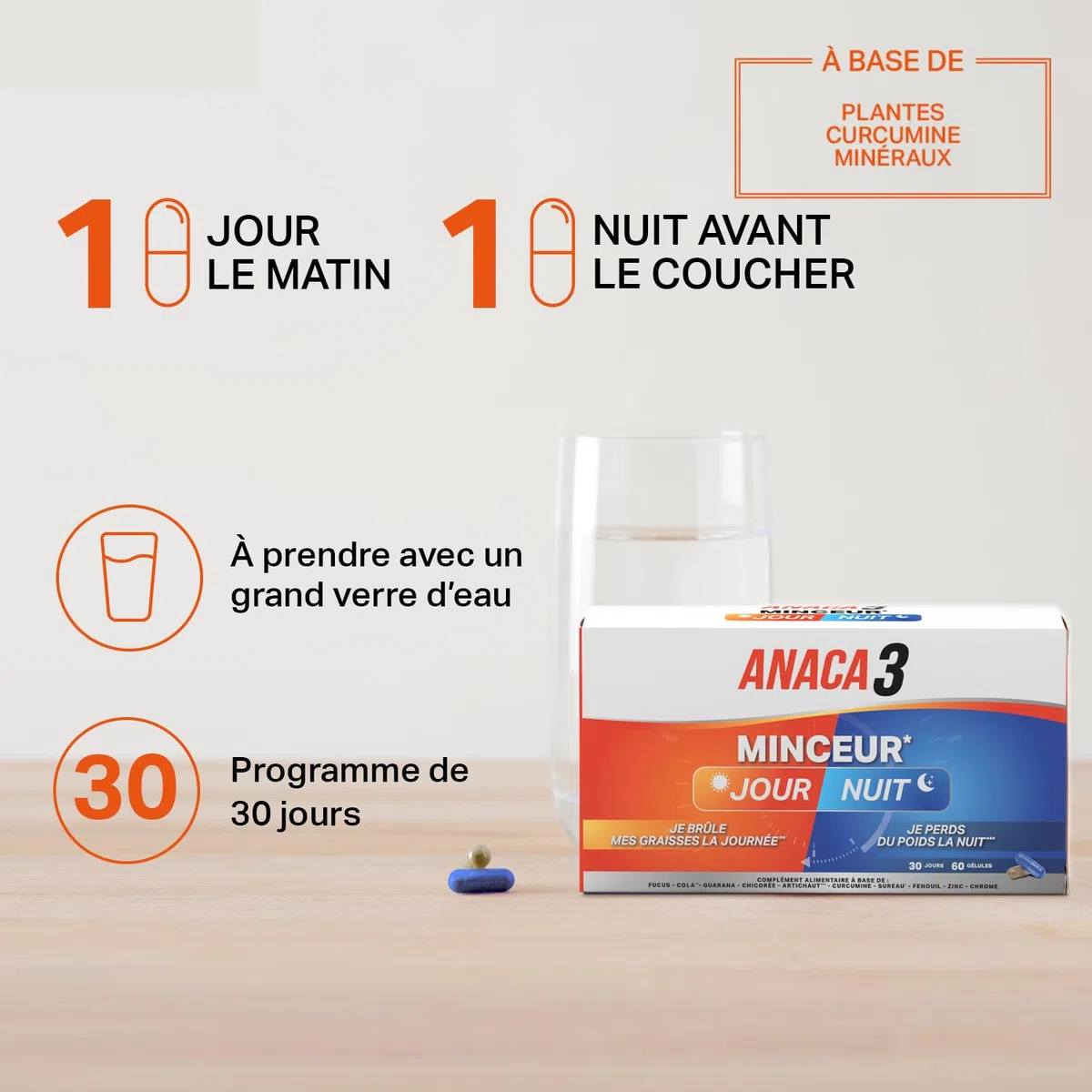ANACA 3 - Jour/Nuit - Complément Alimentaire - Favorise Amincissement(1) & Perte de poids(3) - Artichaut, Curcumine, Cola, Fucus, Guarana, Chrome - Programme 30 Jours - Fabriqué En France - 60 Gélules