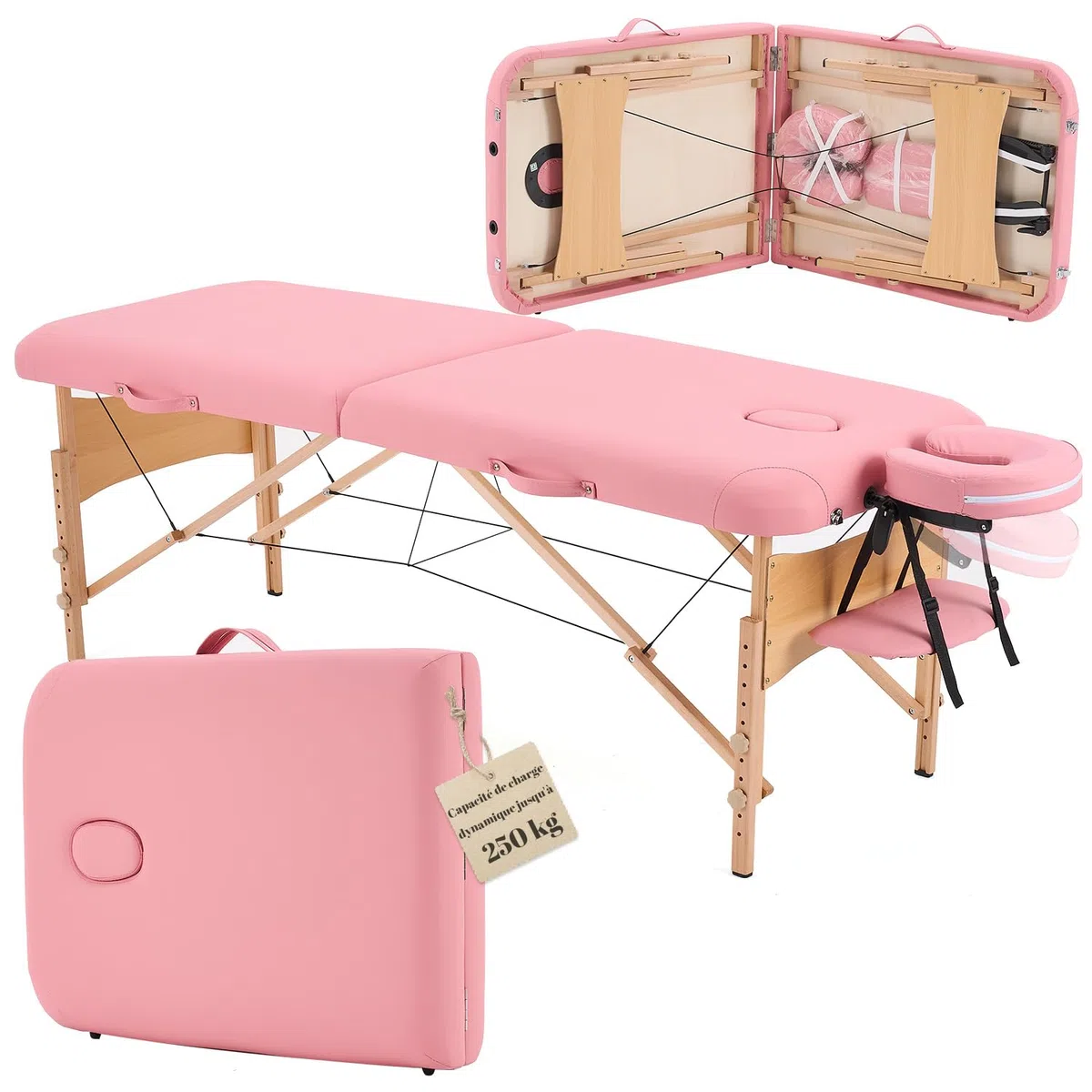 kidol&shellder Lit de Massage 70cm, Pliable Portable, 250kg capacité, 9cm Rembourrage PU, Sac de Transport, Appui-tête Amovible, Rose