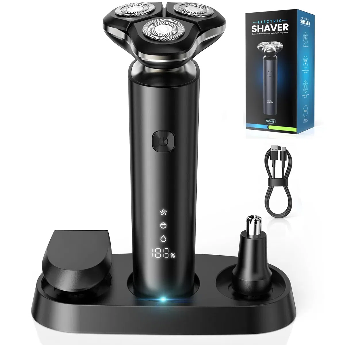 Rasoir Électrique Homme 3 en 1, Rasoir Electrique Tondeuse Barbe Hommes avec Tondeuse de Précision pour Barbe et Nez, 3D Têtes Flottantes, IPX7 Étanche Rasage Sec et Humide, Écran LCD & USB-C