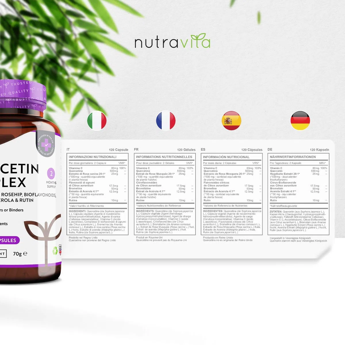 Quercétine 500 mg − 120 gélules vegan - Testé en laboratoire - Mélangées avec Vitamine C 80mg − Naturellement fait à partir d'extrait de fleur de cordage japonais - Dose élevée - Nutravita