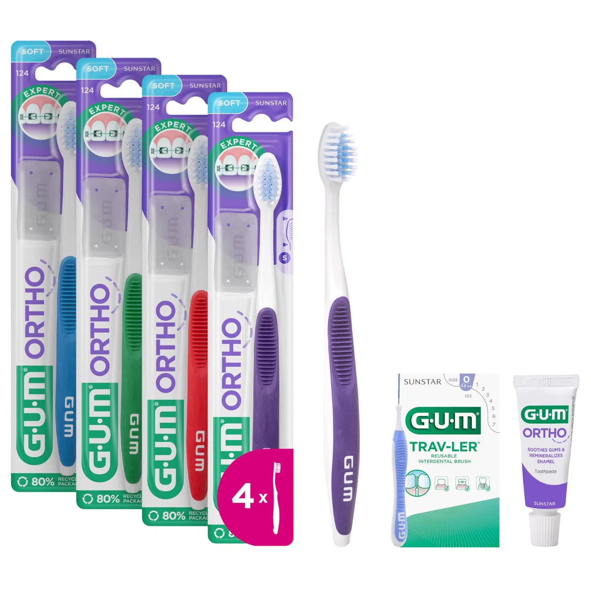 GUM ORTHO Brosse à Dents Manuelle | BRINS doux en forme de V | Pour le nettoyage des appareils orthodontiques | Manche antidérapant | Capuchon de voyage | 4x1 pièces (avec 2 échantillons bonus)