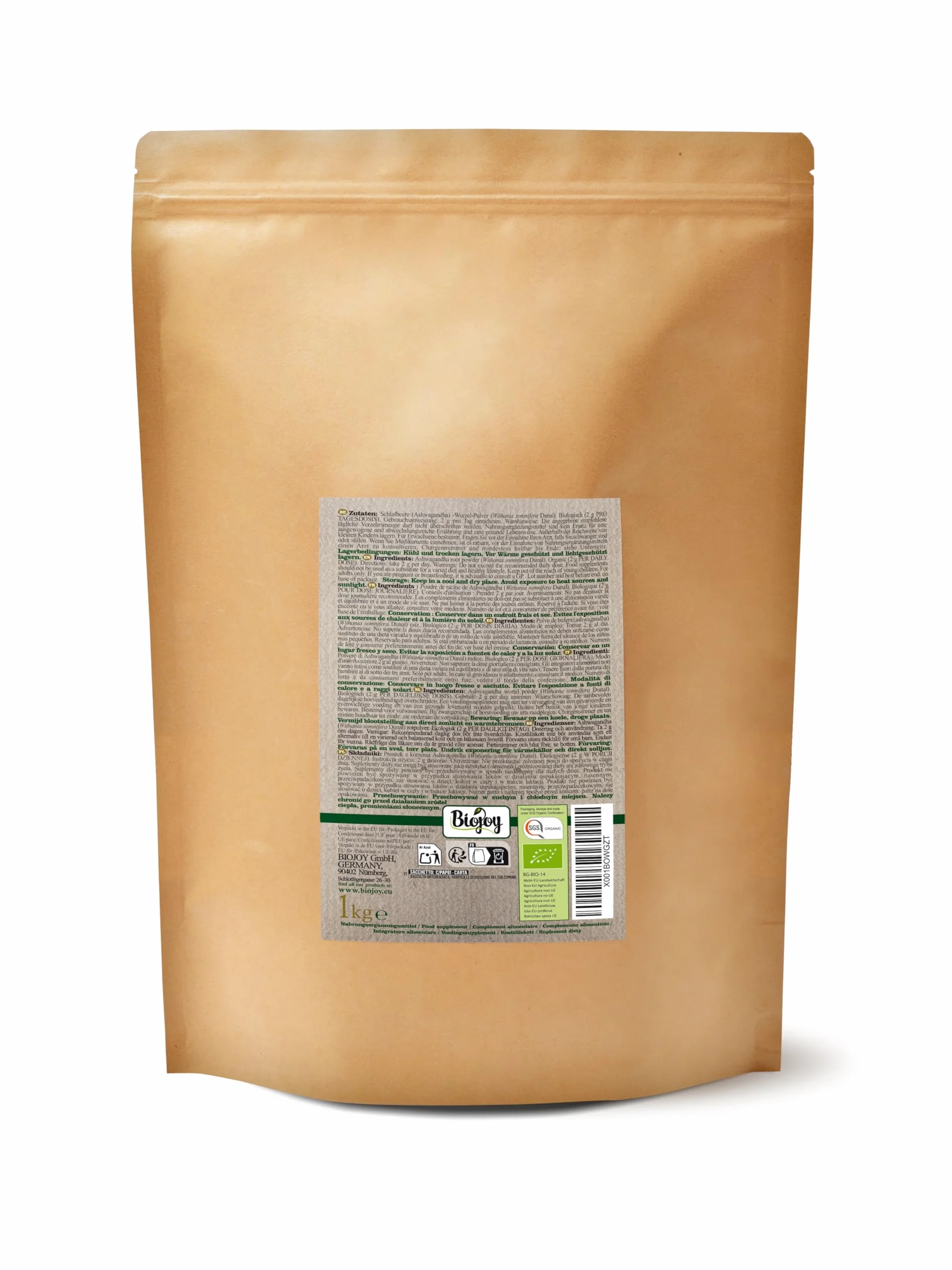 Biojoy Ashwagandha en poudre BIO (1 kg), Racines moulues d´ashwagandha, Ginseng Indien (Withania somnifera)