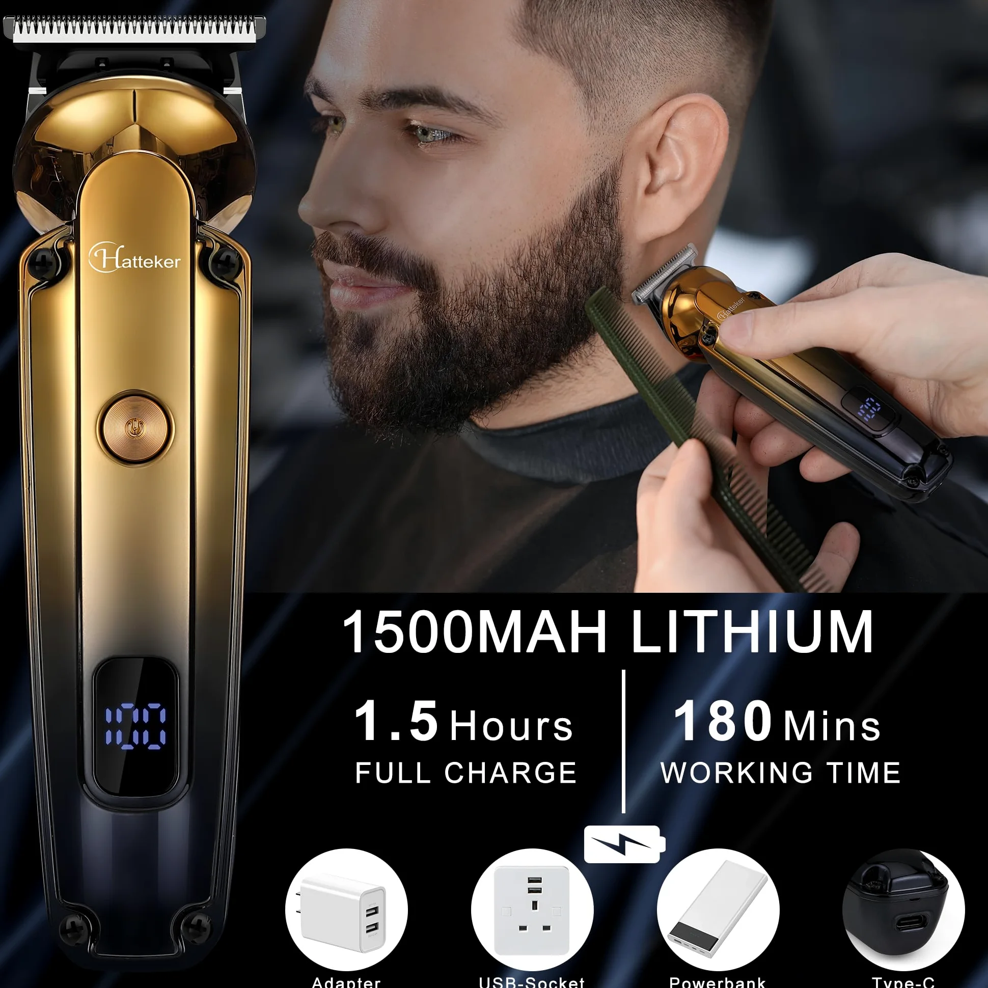 Hatteker Kit Tondeuse à Barbe Professionnel Avec Zero Gap T-Blade Tondeuse Rasoir Électrique Pour Le Nez Oreille Barbe Hommes Body Tondeuse Imperméable à l'eau Sans Fil Beauty Kit 6 en 1