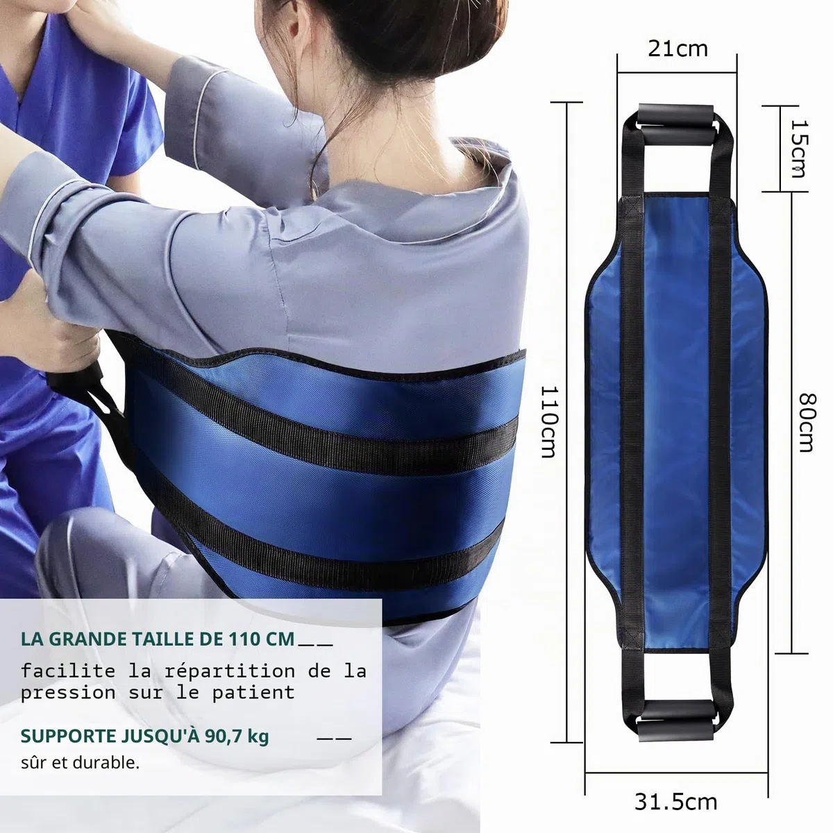 LOSCHEN Sangle de transfert de 110 cm, pour personnes handicapées, personnes âgées, gériatriques, blessées, en toute sécurité, en voiture, fauteuil roulant, lit (bleu, extra large)