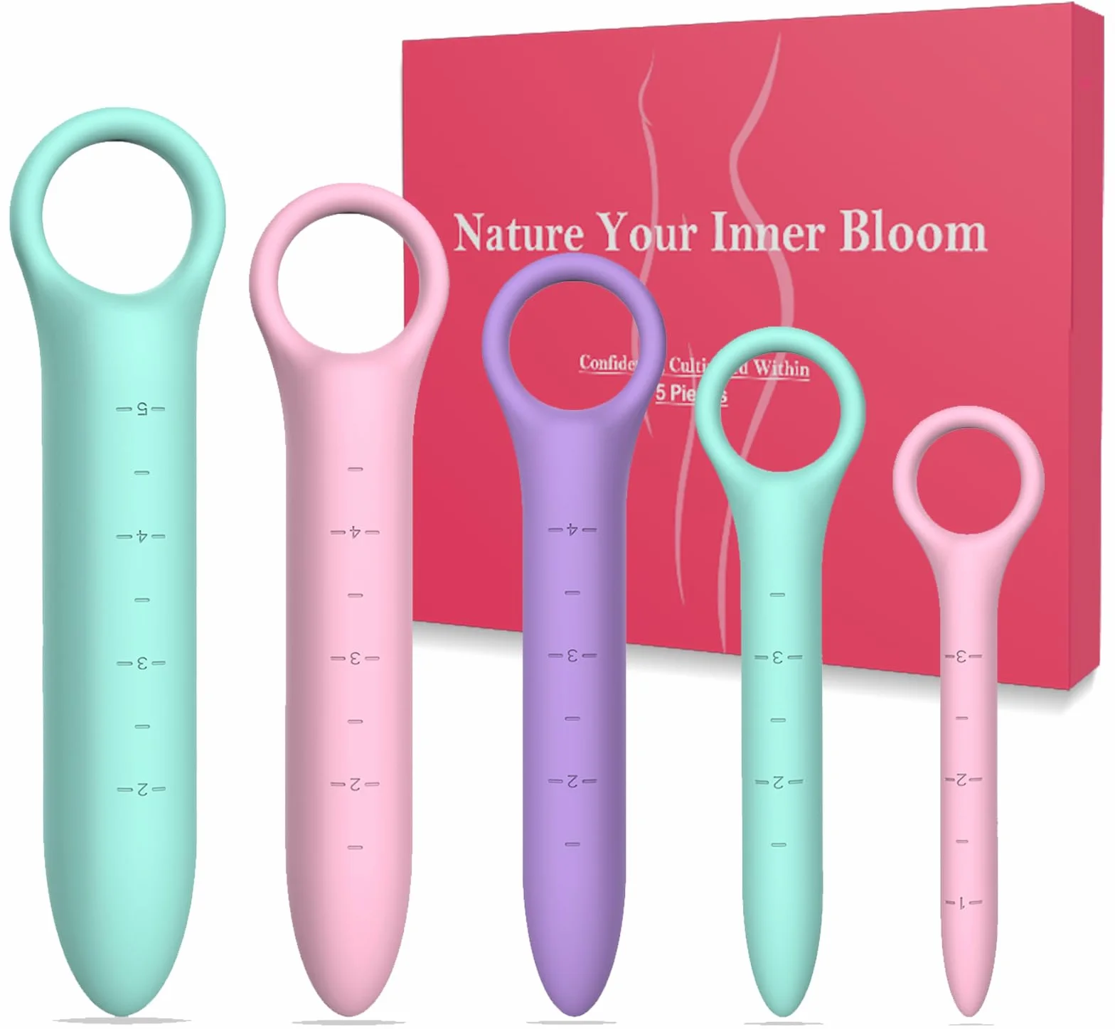 Dilatateur Vaginal Post-Partum - Exercices de Kegel Progressifs - Silicone Rééducateur Pelvien pour Renforcement Musculaire Vagina - 5 Pièces Exerciceur Pelvien - Echelle et Pull-tab Design (Colorée)