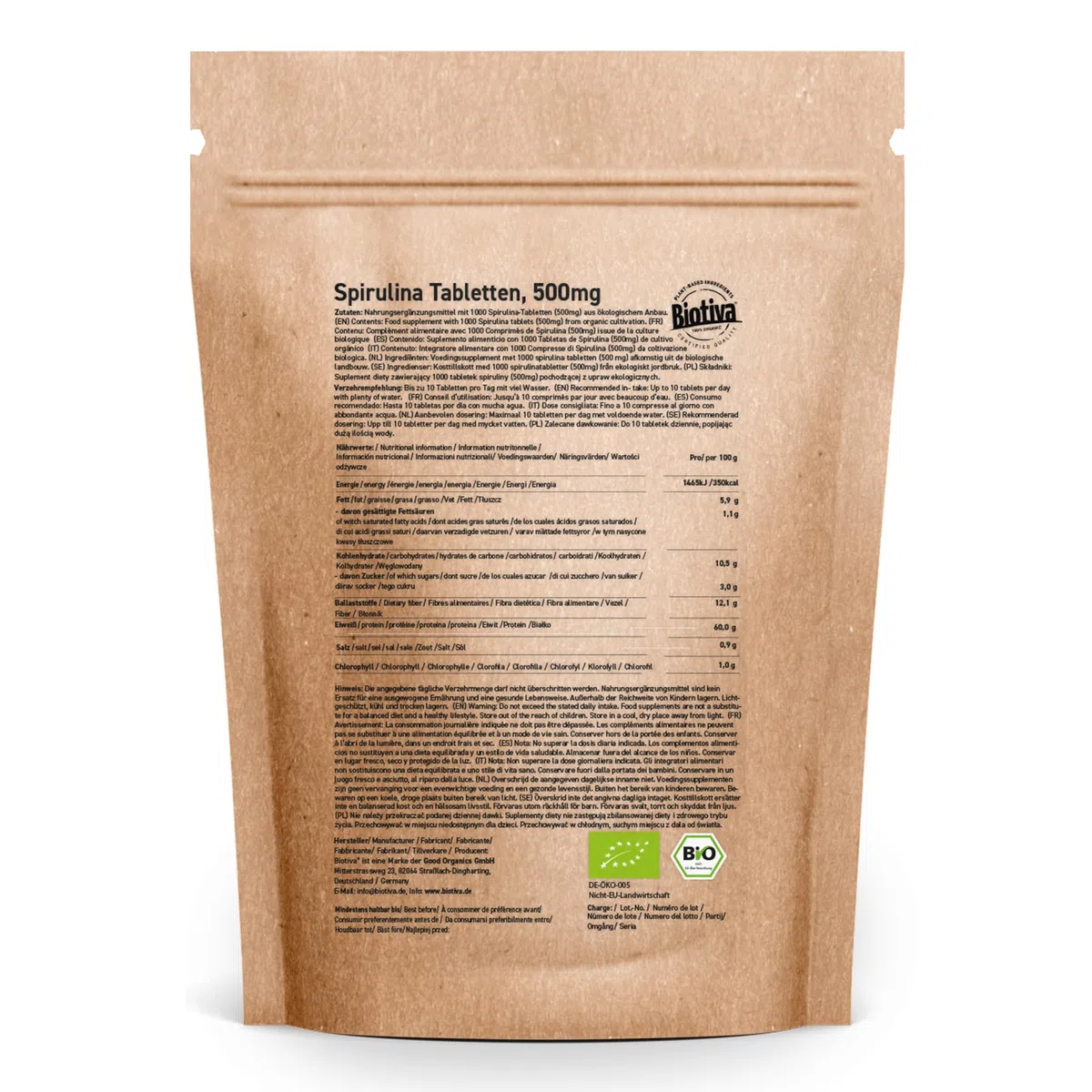Comprimés de spiruline bio - 500g - Qualité biologique supérieure - Hautement dosé - Algue arthrospira platensis - Biotiva