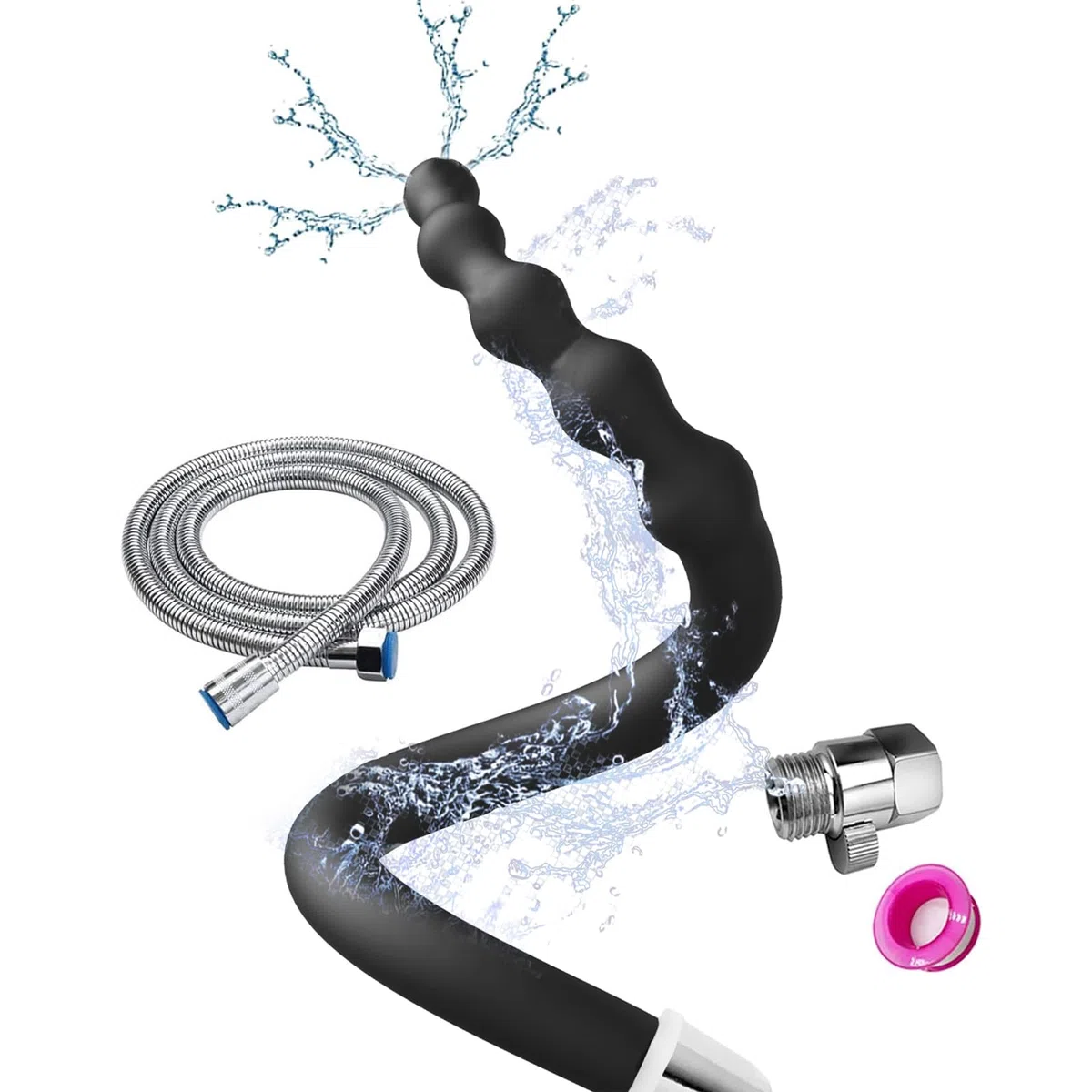 Set de Douche 4 Trous Pulvérisateur Lavement Tuyau Confort Silicone Buse Lavement Accessoire Femme Homme 58cm + 150cm Tuyau (Noir)
