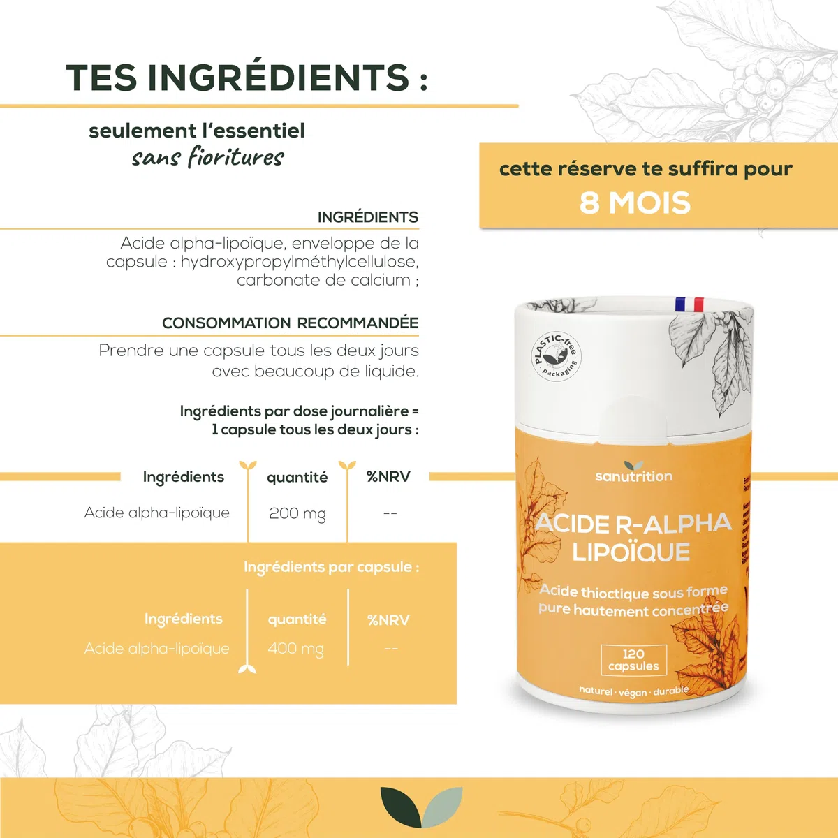 Acide R-alpha-lipoïque 400 mg par capsule | 120 capsules | Hautement dosé | En biodisponibilité particulièrement élevée | Végétalien | Emballage papier 100% écologique