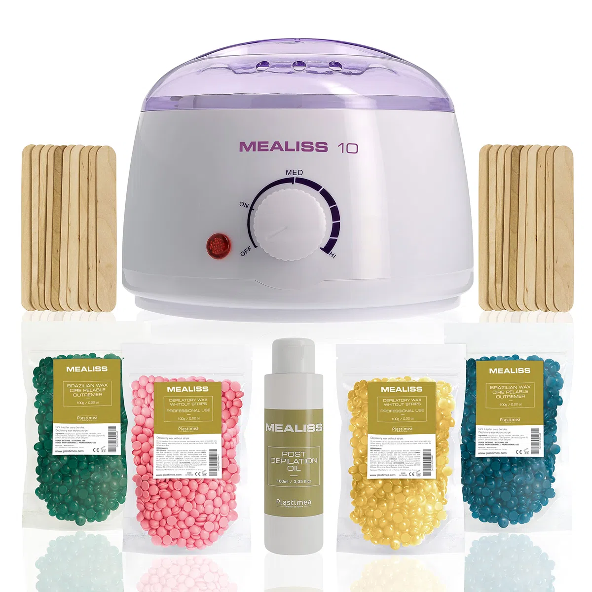 Kit Epilation Cire - Chauffe -Professionnelle - Perles de Cire 400g - Spatules - Huile Post Epilation - Epilation Maillot, Corps et Visage - Kit Complet - Mealiss 10 - Plastimea
