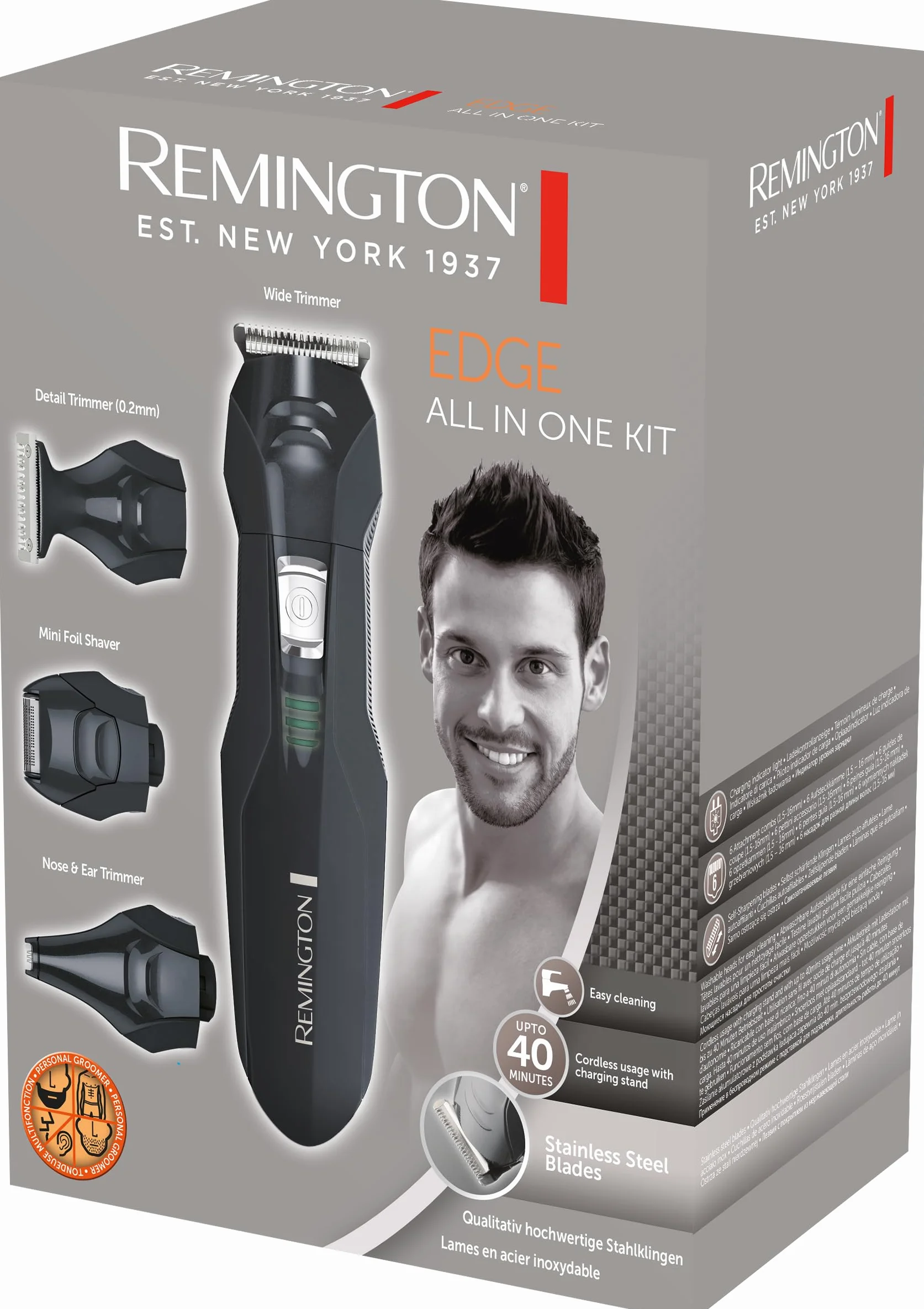Remington Tondeuse Barbe [Multifonction 10 accessoires] Edge (Polyvalent: Poils du visage & du corps,Lames Acier, 4 têtes interchangeables + 6 Sabots, Sans fil,Socle de rangement) Tondeuse PG6030