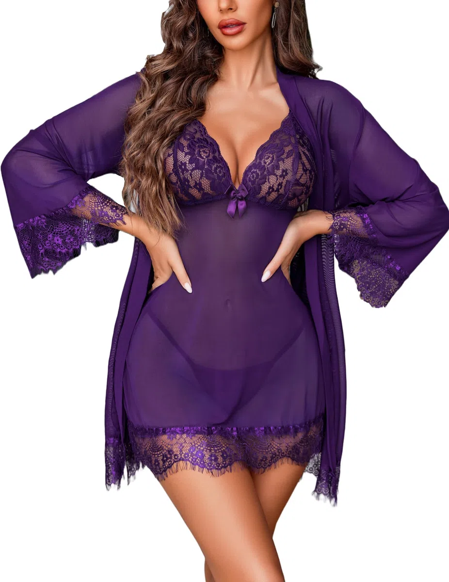 Avidlove Ensemble de Lingerie pour Femmes 3 Pièces Sexy Dentelle sous-vêtements Nuisette Lingerie Ensemble Peignoir en Résille Nuisette Kimono Jarretelles Lingerie Érotique Babydoll avec Culotte