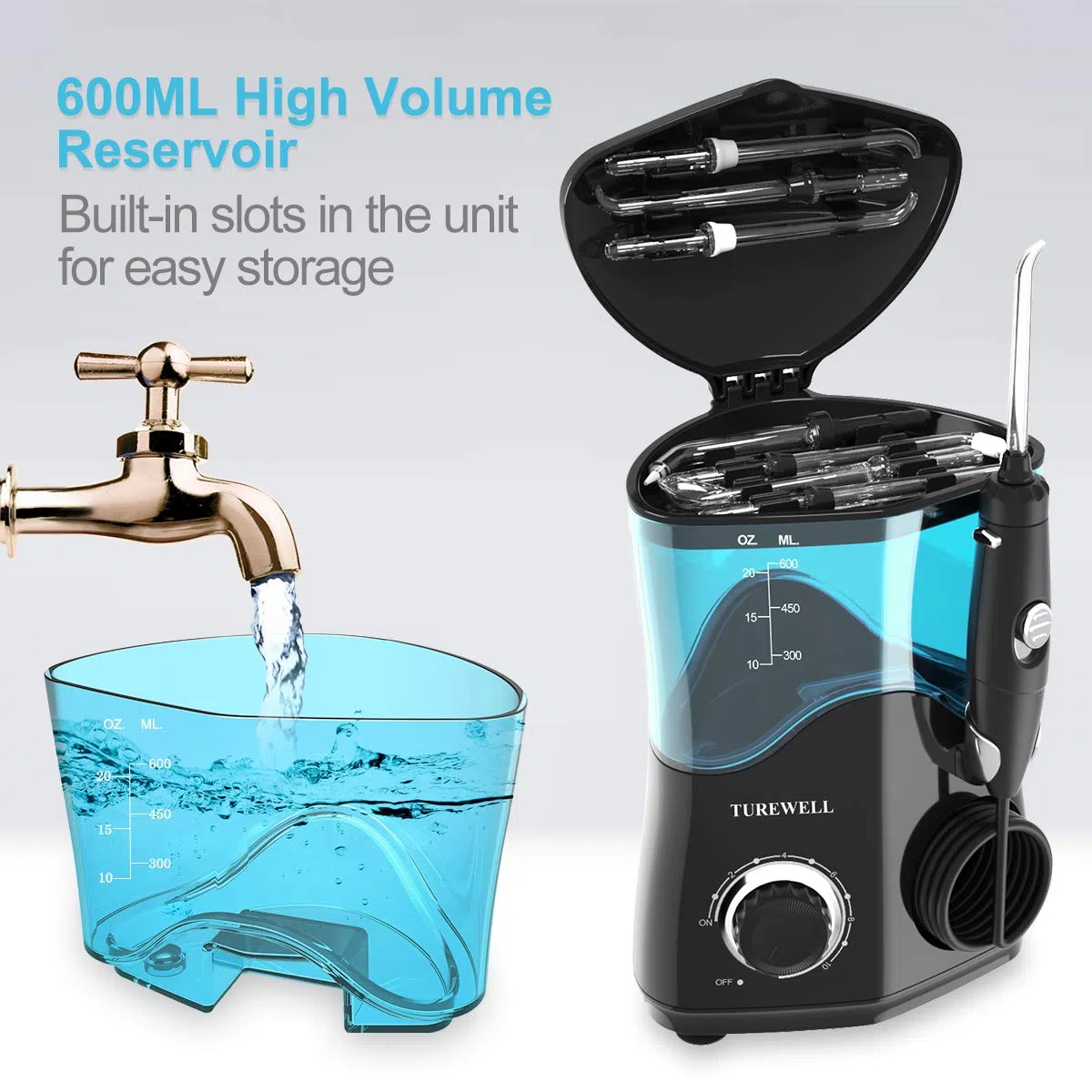 TUREWELL Hydropulseur Jet Dentaire avec 8 buses multifonctions, capacité de 600ml, 10 réglages de pression d'eau, approuvé FDA/CE Irrigateur Oral professionnel (Noir)