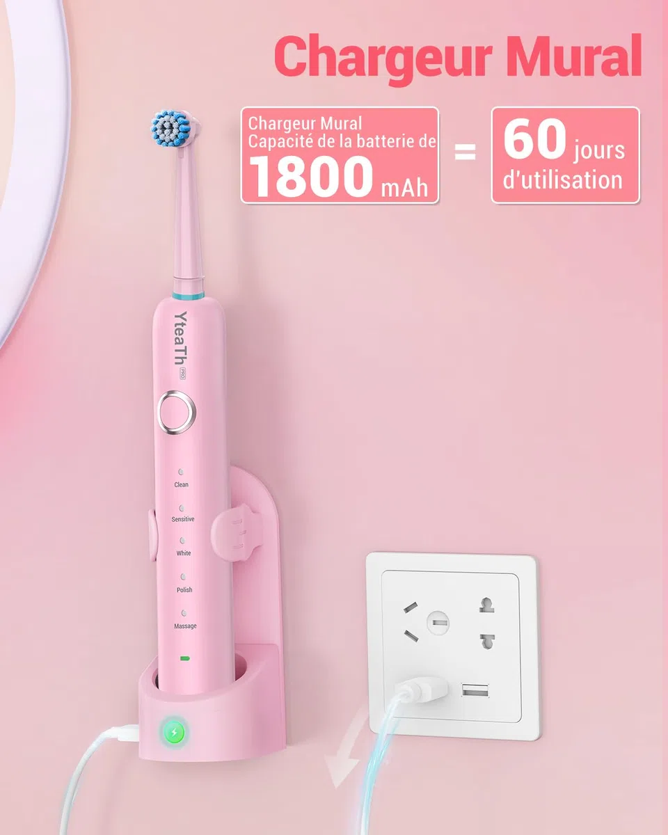Brosse À Dent Électrique Rotatives pour Adultes - Brosses À Dents Rotatives avec 8 Têtes de Brosse et Étui de Voyage, 5 Modes, Étanche IPX7, Brosse A Dent Electrique de Voyage, Rose