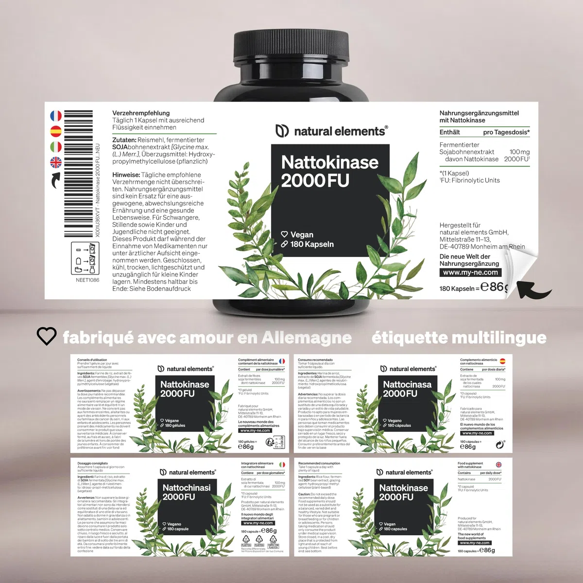Nattokinase – 180 gélules hautement dosées de 100 mg (20 000 FU/g) chacune – natto issu de soja sans OGM – végane, sans additifs inutiles – produit et contrôlé en laboratoire en Allemagne