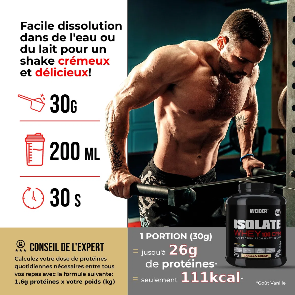 Weider Isolate Whey 100CFM (420g) Goût Chocolat, 100% Isolat de Protéines de Lactosérum 23g /Portion, Avec Enzymes Digestives, Sans Sucres Ajoutés, ni Aspartame, Faible teneur en Graisses, 14 portions
