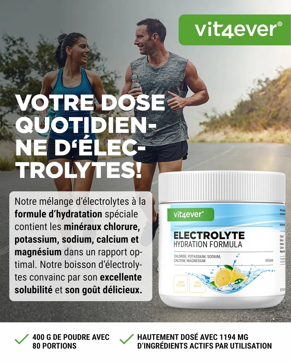 Electrolytes - 400 g (80 portions) - Formule d'hydratation avec chlorure, potassium, sodium, calcium, magnésium - Parfait pour les sportifs en cas de déshydratation - Sans sucre - Vegan - Goût citron