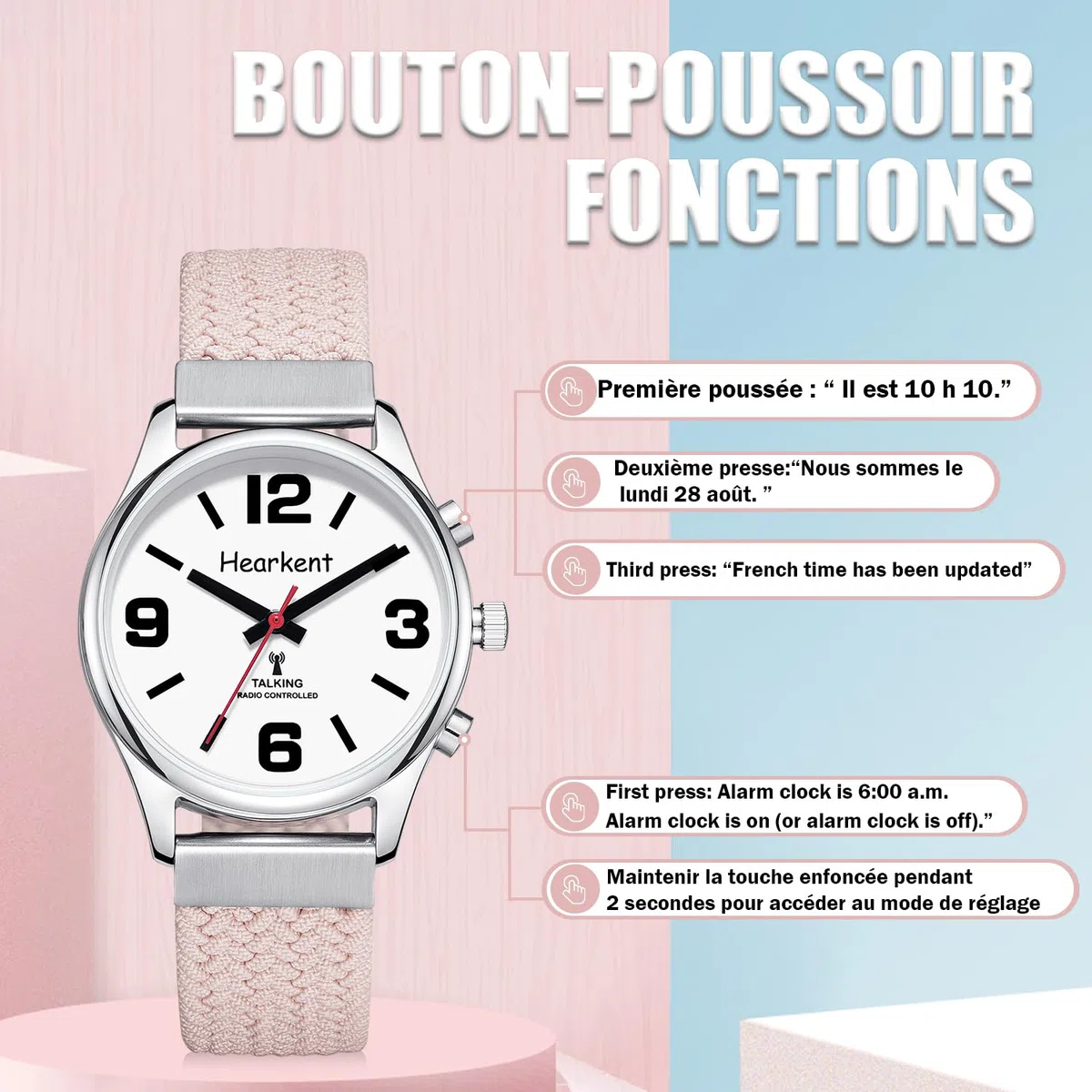 Hearkent Montre Parlante pour Aveugle Francais Femme Grands Chiffres | Voix Française Claire Heure, Date, Alarme, Rappel Médicaments pour Personnes Âgées, Sangle en Nylon Réglable