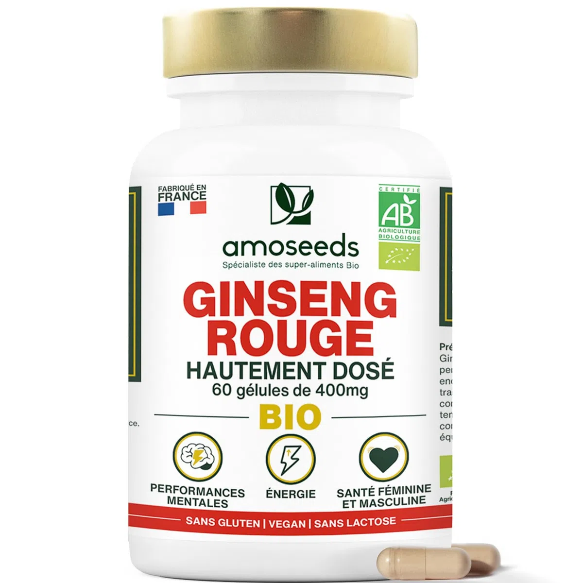 Panax Ginseng Rouge BIO de Corée | Extrait haute concentration | Énergie, Vigueur, Anti-stress, Concentration | 60 gélules de 400mg | Qualité Supérieure