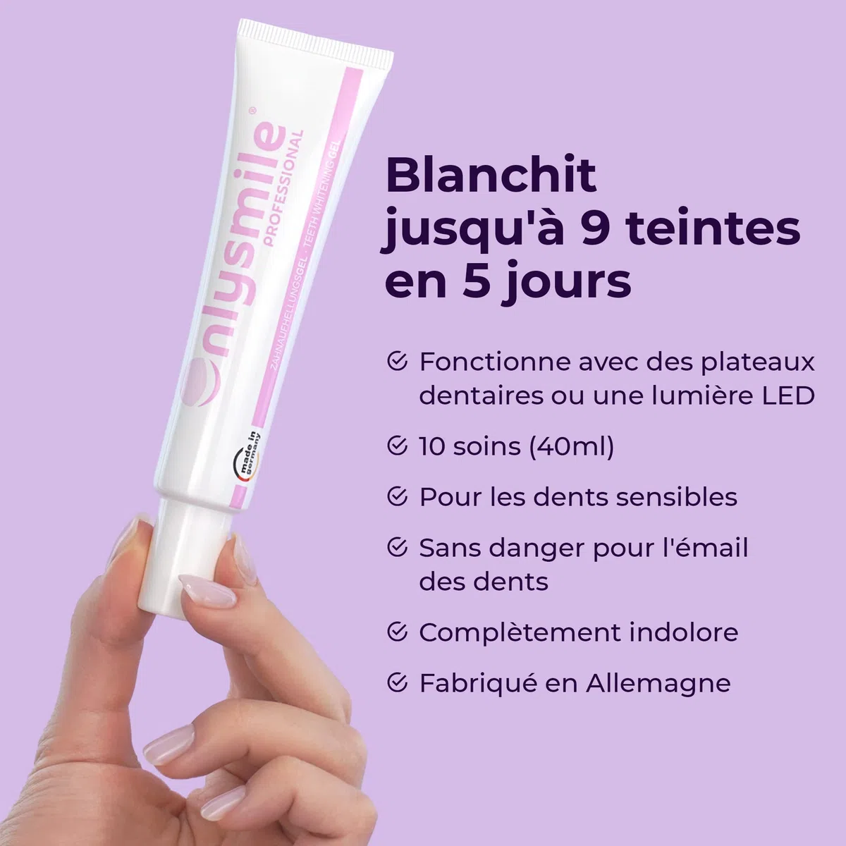 OnlySmile Gel de Blanchiment Dentaire à Domicile (40 ml) – Lauréat du Test 2025, Gel Blanchissant pour Dents Sensibles, Résultats Visibles en 5 Jours, Compatible avec Gouttières et LED