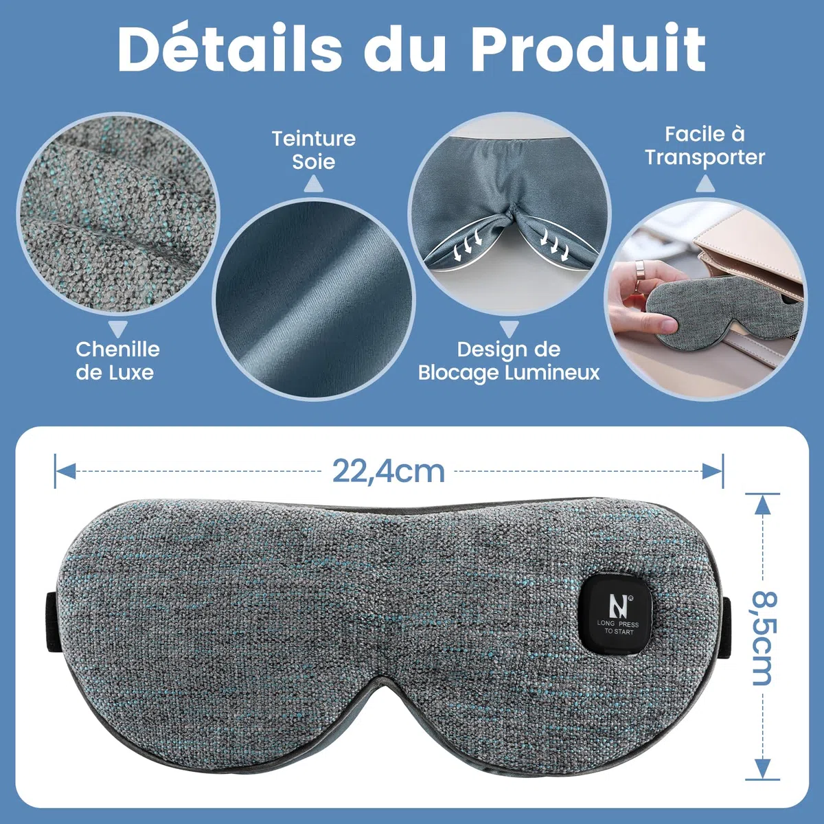 Masque chauffant yeux pour les yeux secs, masque yeux chauffant avec 3 niveaux de chaleur, masque de sommeil pour homme et femme, 1000mAh sans Adaptateur