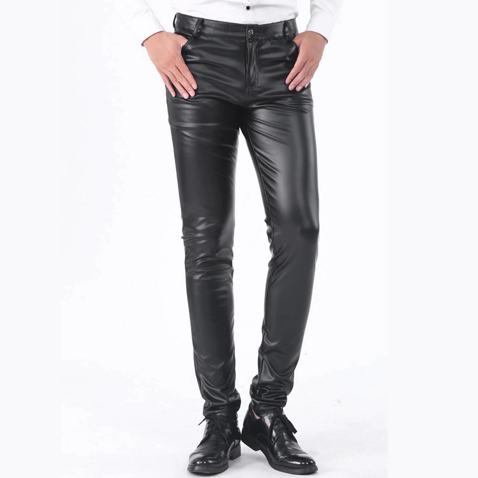 Pantalon en cuir pour homme - Noir - Sexy - En latex - Pour homme - Style punk stretch - Décontracté - Effet mouillé - Coupe ajustée - Pour les loisirs