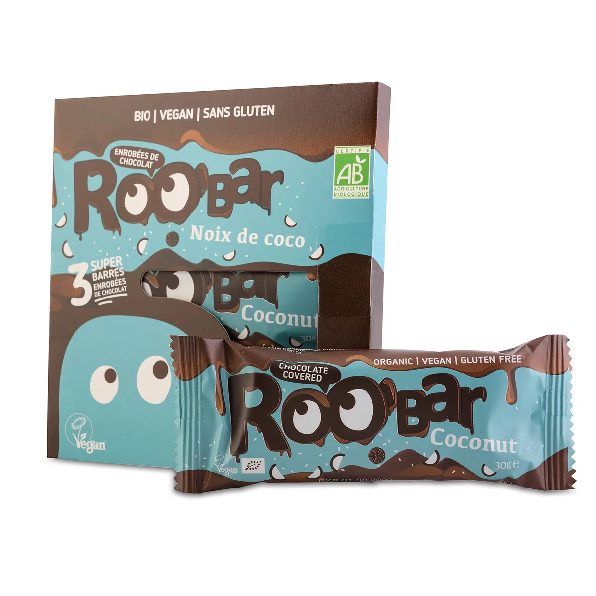 Roo'bar Barres Vegan sans Gluten Noix de Coco Enrobées Chocolat Noir - Lot de 3 - encas sportif - snack sain - 100% naturel