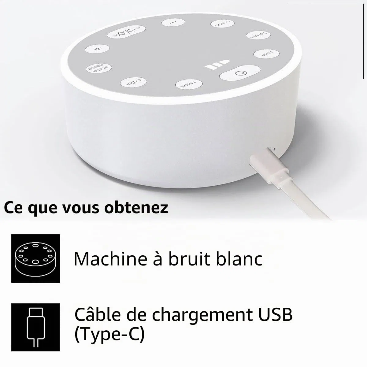 Machine à Bruit Blanc, Machine à Bruit avec Veilleuse pour Enfant Adulte, Bruit Blanc Bebe, 3 Réglages de Minuterie, 6 Sons, Rechargeable par USB