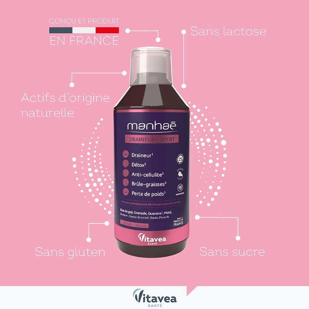 Manhaé - Draineur Expert - Draineur, Détox, Perte de Poids - Guarana, Baie de Goji, Grenade, Bardane, Queue de Cerise - 500ml - 10 jours - Saveur Cassis - Fabriqué en France - Vitavea (Lot de 2)
