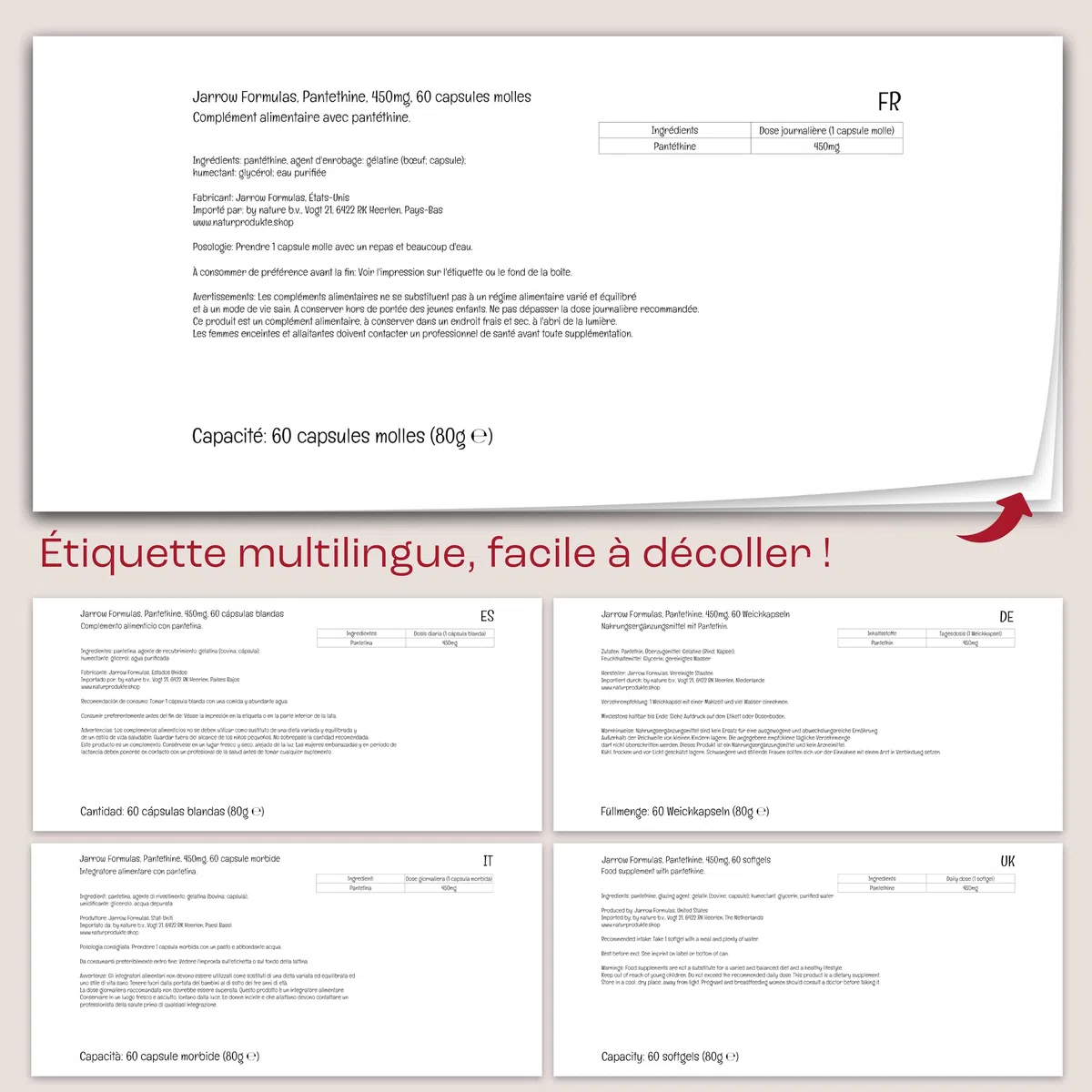 Jarrow Formulas, Pantethine, 450mg, Vitamine B5 Active, 60 Capsules molles, Testé en Laboratoire, Sans Gluten, Sans Soja, Sans OGM
