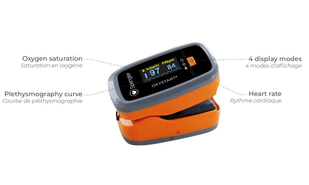 Oxymètre de doigt SPENGLER Oxystart, Oxymètre de Pouls Digital Portable, Facile à Utiliser, Fiable et Précis, Compact et Léger (Orange)
