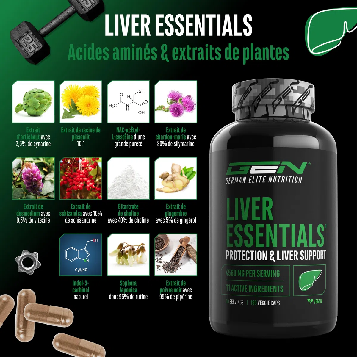 Liver Essentials - 180 gélules - Complexe hautement dosé avec chardon-marie, choline, NAC, artichaut, pissenlit, schizandra, extrait de gingembre, indol-3-carbinol, desmodium, rutine - végétalien