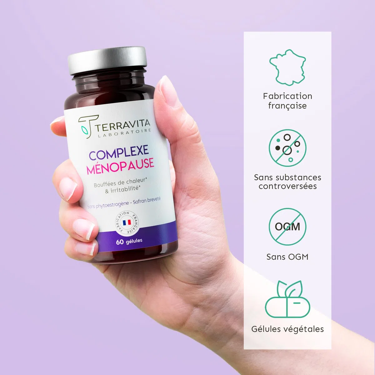 Complexe Ménopause | Sans Hormones | Avec Pollen et Safran Breveté | Bouffées de Chaleur, Fatigue, Stress et Variations d’Humeur | 60 Gélules | Made in France | Terravita