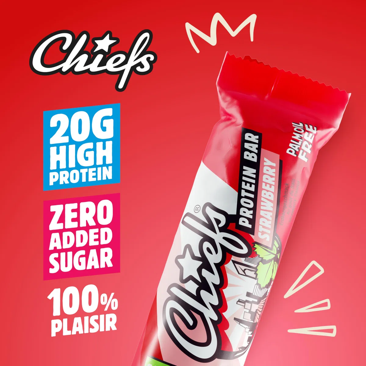 Chiefs Protein Bar (Strawberry) • Barre protéinée premium avec 20g de protéines & 209 kcal par barre • Sans sucre ajouté • Barre protéinée low sugar • Goût de Strawberry • Pack de 12 (12 x 55g)