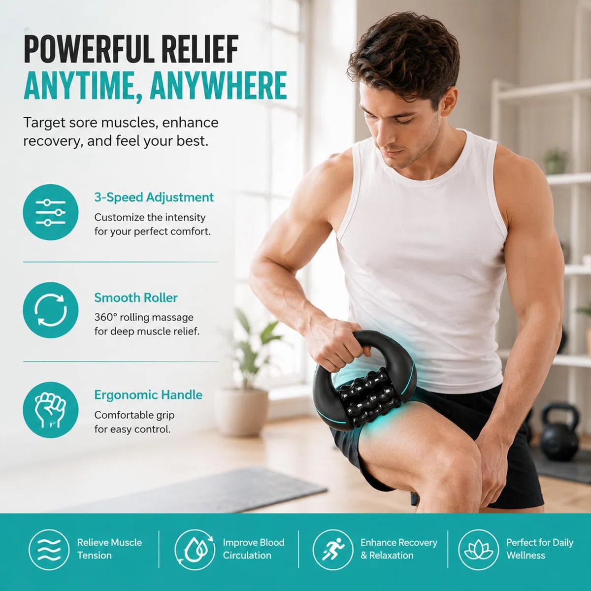 Masseur électrique à main avec rouleaux, 8 vitesses, massage en profondeur rechargeable pour le dos, les épaules et les jambes, rouleau de fascia électrique avec 6 têtes de massage pivotantes (A-3
