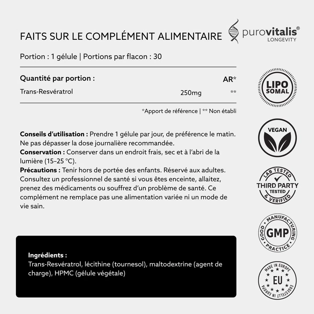 PUROVITALIS Resvératrol liposomal 250mg, 30 portions (30 gélules végétaliennes), supplément antioxydant trans-resvératrol de haute pureté