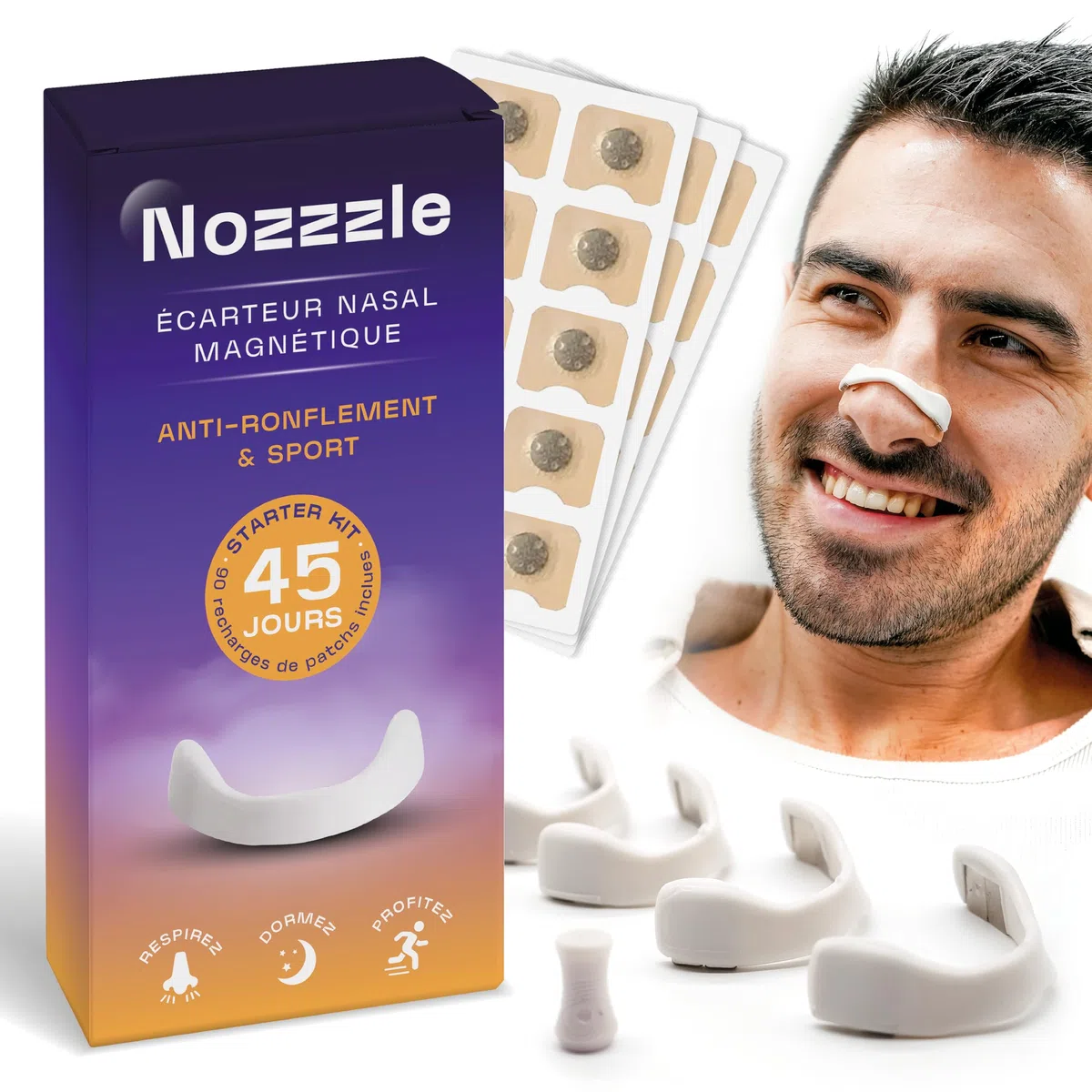 Écarteur Nasal Magnétique Anti Ronflement & 90 Patchs - Bande avec Aimant Puissant pour Respiration Efficace par le Nez - Bandelettes Adhésives - Dilatateur pour Sommeil et Sport - Alternative Strips