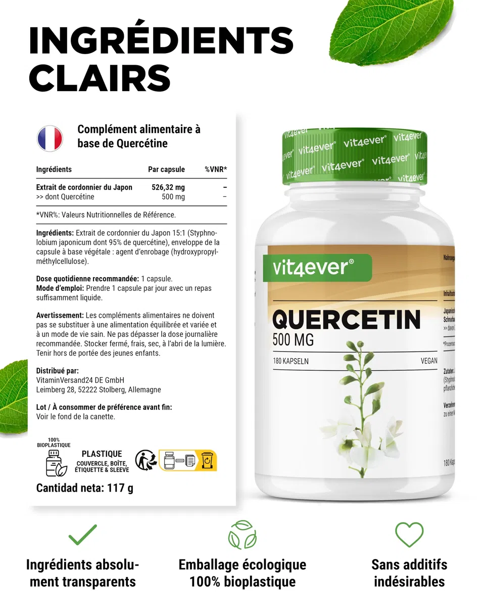 Quercétine - 500 mg - 180 Gélules - 6 Mois d'Approvisionnement - Premium : Extrait Naturel de Fleurs de Chêne à 15:1 avec 95% de Quercétine - Hautement Dosé - Végétalien