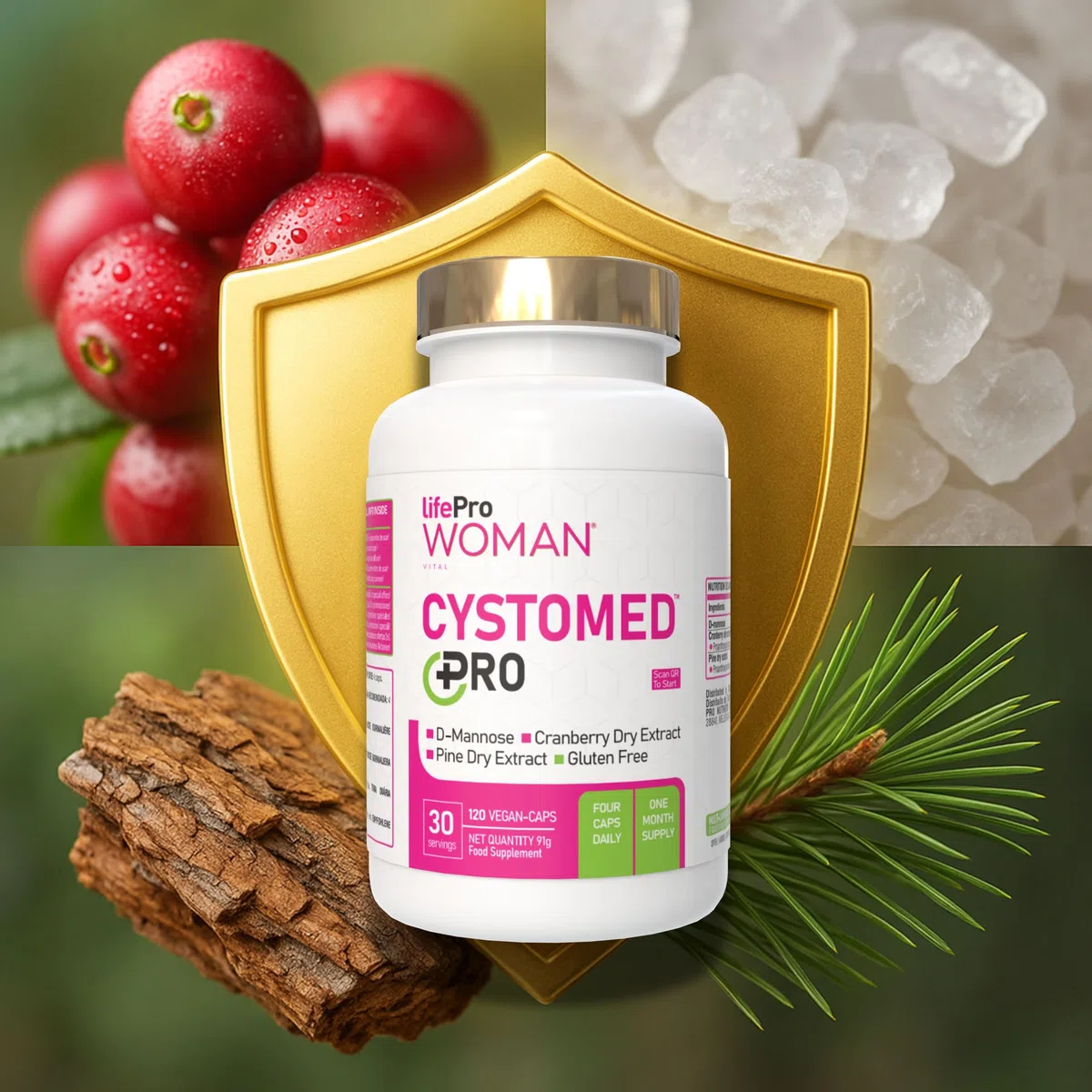 Cranberry gélules 5x Puissance + D-Mannose 2000mg – Cystomed Triple Action 120 Gélules avec 192,5mg PACs Standardisés + Extrait de Pin – Cranberry Gélules Scientifiquement Validées (EFSA/PubMed)