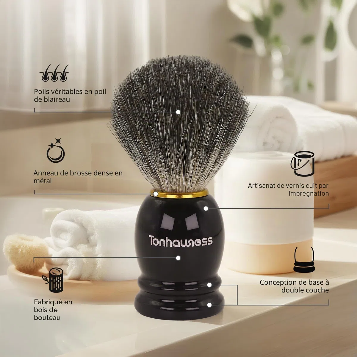Kit de blaireaux de rasage pour hommes, ensemble de blaireau de rasage 4 en 1 comprenant un blaireau de rasage en poils de blaireau, un bol de rasage en acier inoxydable, un support de rasage et du