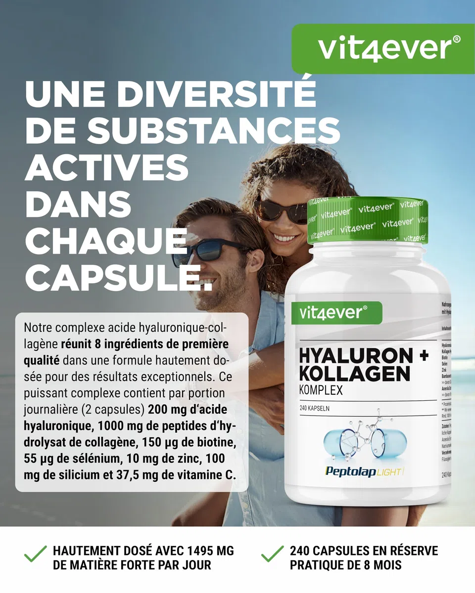 vit4ever Complexe Collagène Acide Hyaluronique - 240 Gélules - Premium: avec de la Biotine Bioactive, du Sélénium, du Zinc, de la Vitamine C Naturelle Issue de l'Acérola et du Silicium Issu du Bambou