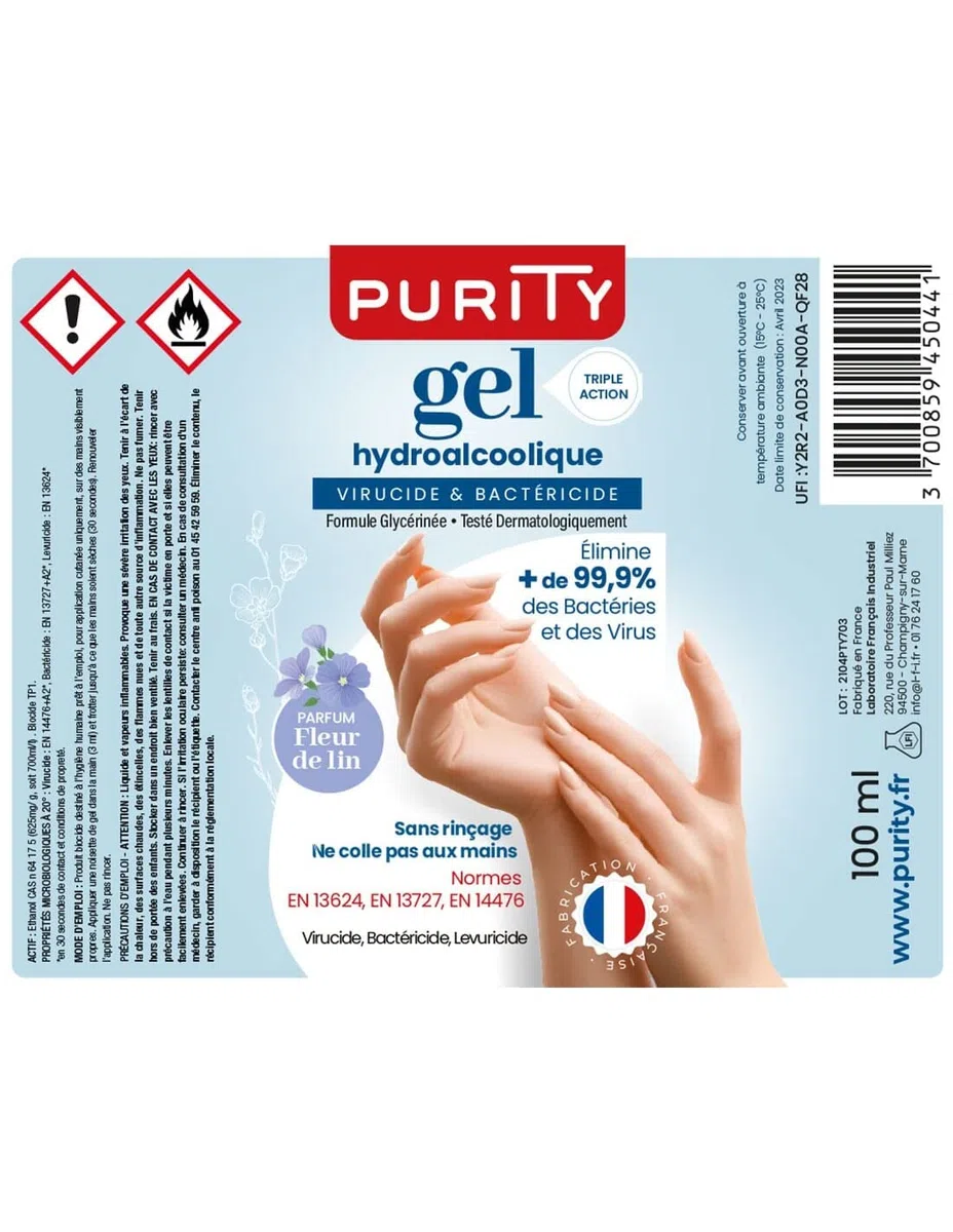 10 Mini-flacons de 100ml - Gel Hydroalcoolique Purity 703 - Parfum Fleur de Lin
