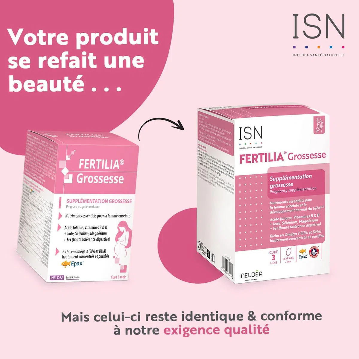 ISN - Fertilia® Grossesse - Complément alimentaire à base de nutriments essentiels pour le bien-être de la femme enceinte & le développement de bébé - Riche en Omega 3 - Cure 3 mois