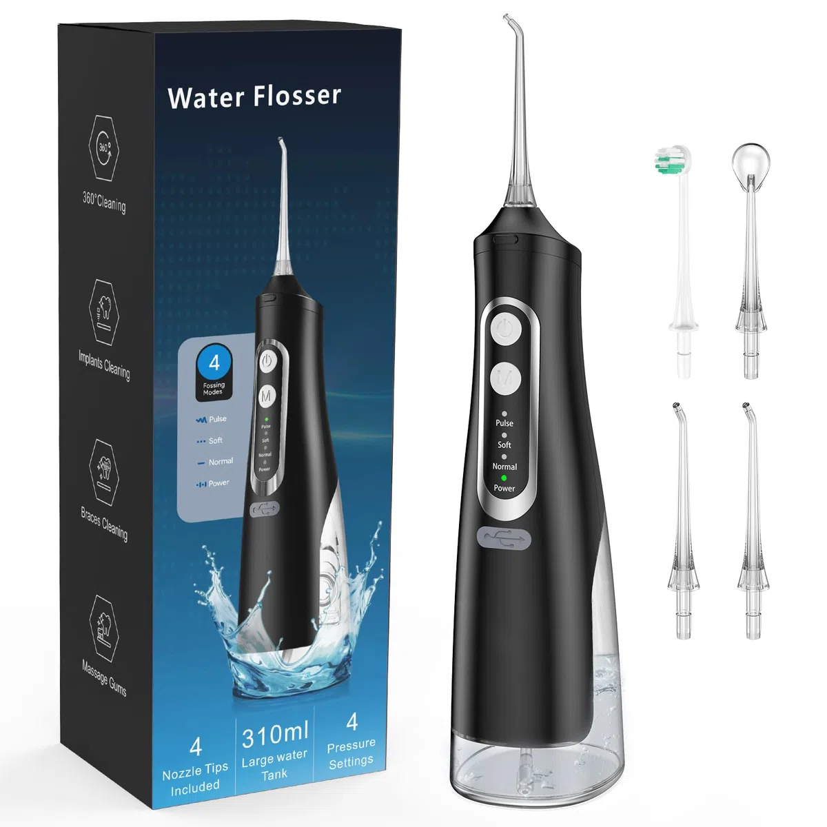 Jet Dentaire Hydropulseur Portable, Jet Dentaire Sans Fil Rechargeable avec 4 Modes Capacité de 310 ml IPX7 Étanche H6