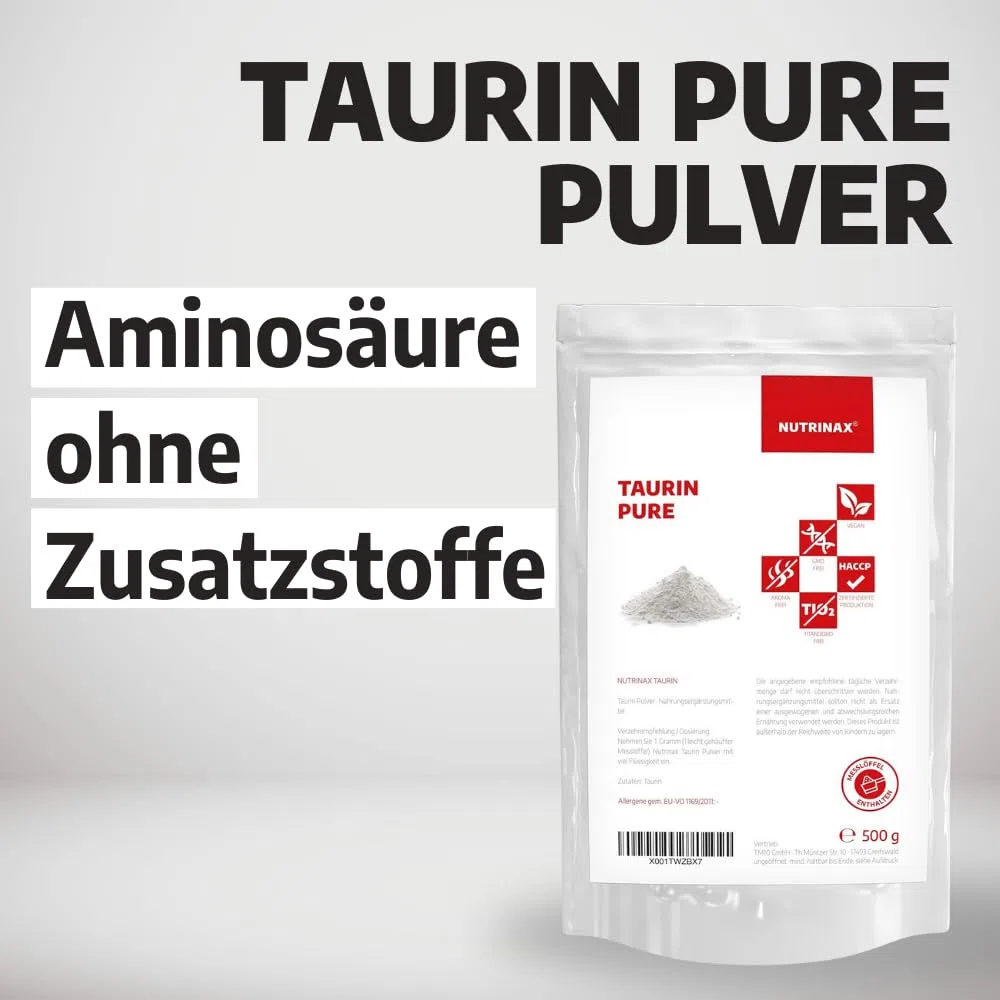 Poudre de taurine | Acide aminé | Hautement dosé | 500 g de L-taurine pure | Végétalien | Sans additifs | Dans un sac zippé pratique