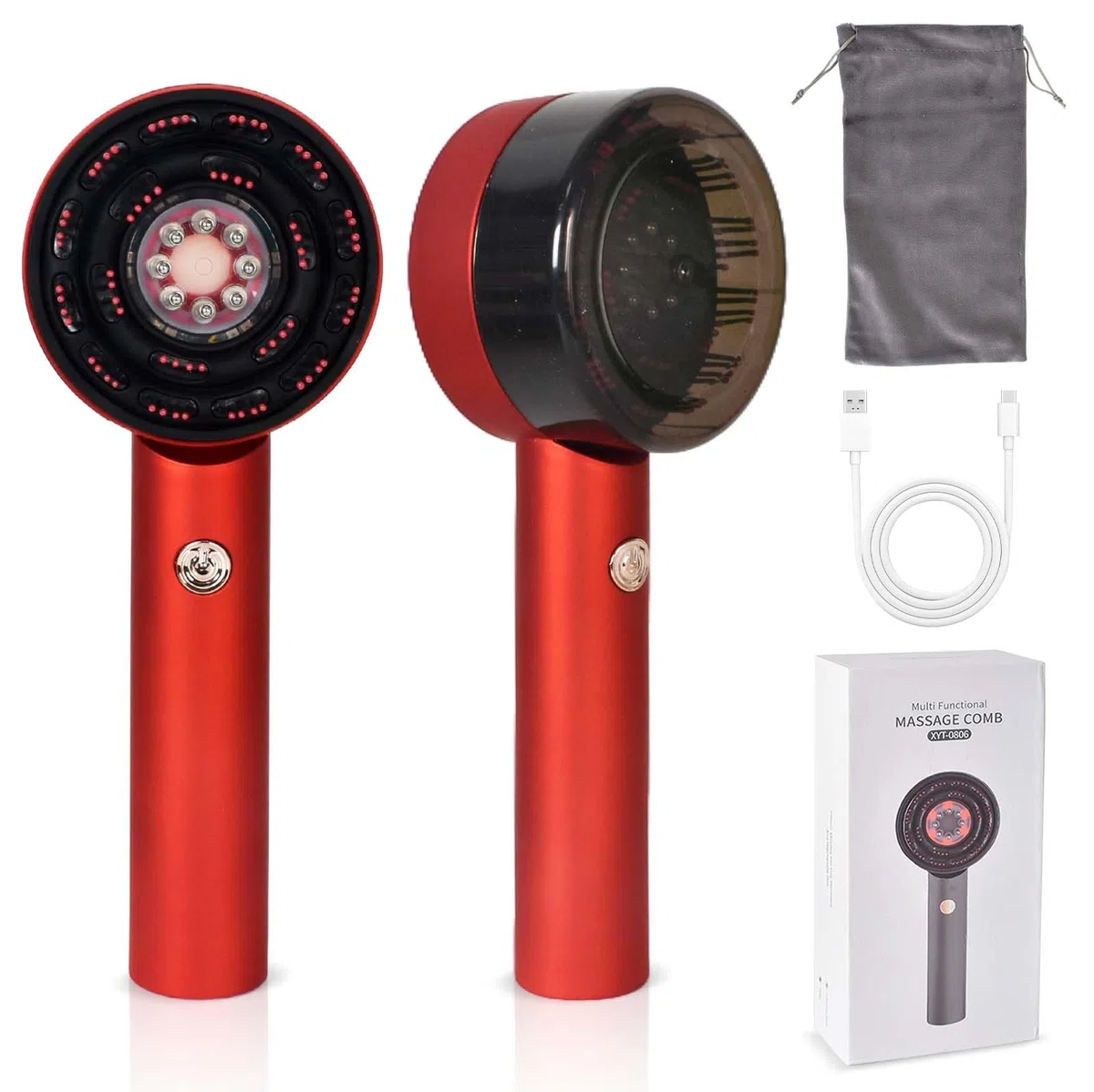 Brosse Massage Cuir Chevelu Électrique, Masseur Tête avec Lumière Rouge & Bleue, Applicateur Huile Cheveux 6 ml, 3 Modes de Pétrissage, IPX7 Étanche – pour la Détente du Cuir Chevelu, Rouge