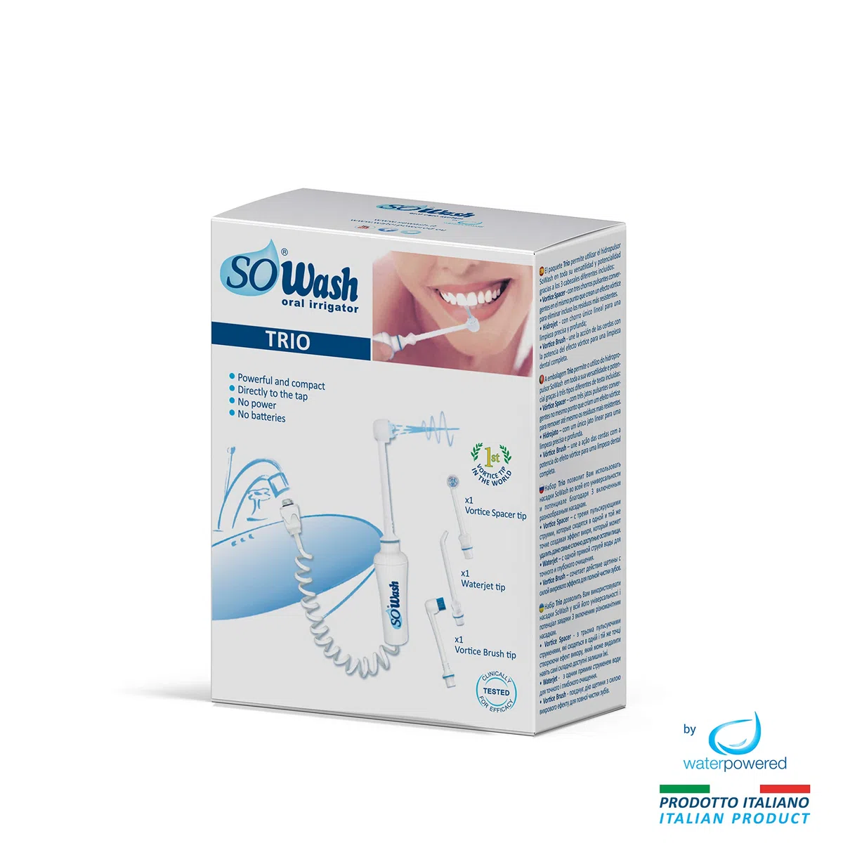 Jet dentaire SOWASH TRIO, Se connecte au robinet, Hydropulseur Dentaire Sans piles ni électricité, 1 tête Vortice + 1 tête de Vortice Brush + 1 tête Hydrojet, Produit italien