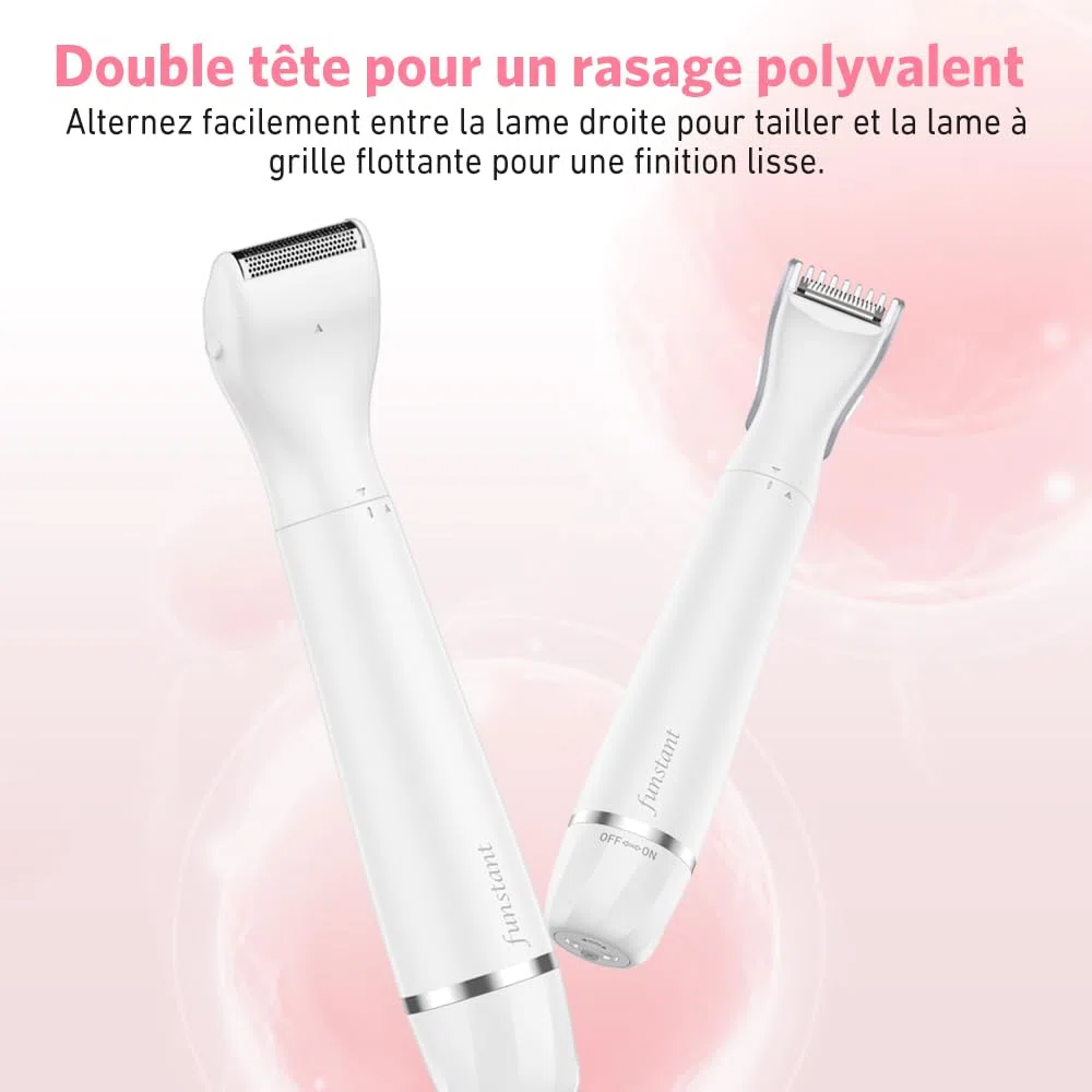 Tondeuse Intime Femme Rechargeable 2 en 1, Rasoir Bikini pour Maillot et Pubis, Tête de Précision et Grille de Finition, USB-C, Sans Fil, Utilisation à Sec, Soin Doux des Zones Sensibles